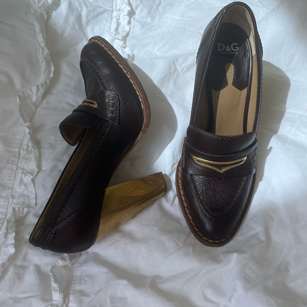 Dolce & Gabbana Brown and Gold Loafer Heels